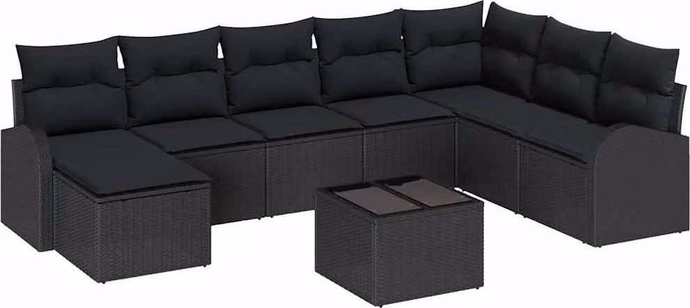 Set Divano da Giardino con cuscino 9 pcs Nero Poly Rattan