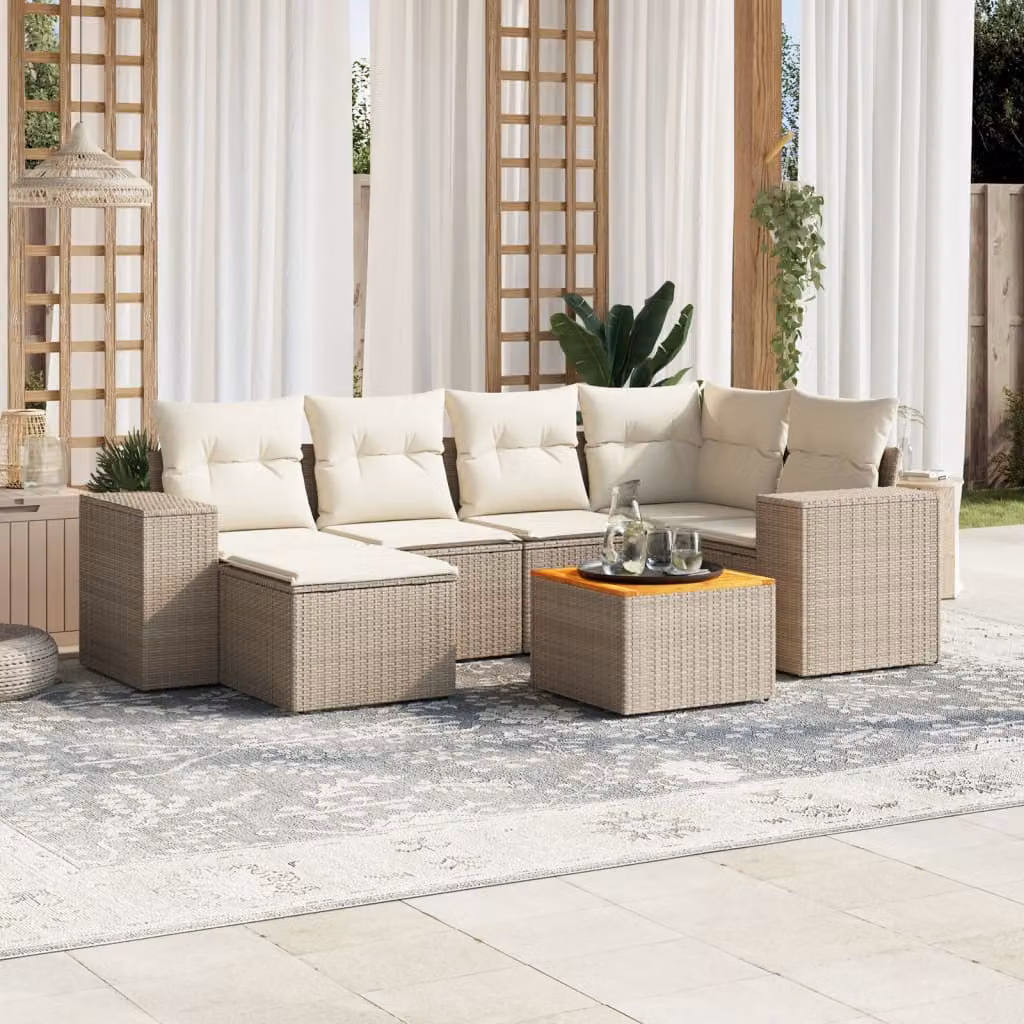 vidaXL Set Divani da Giardino 7 pz a Forma a L con Cuscini Beige e Struttura in Acciaio e Legno di Acacia – 1