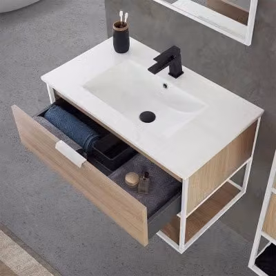 Mobile bagno sospeso Inbagno Baketo stile industrial bianco e legno rovere con pensile e base L/P/H: 79.6 x 44.7 x 50.0 cm