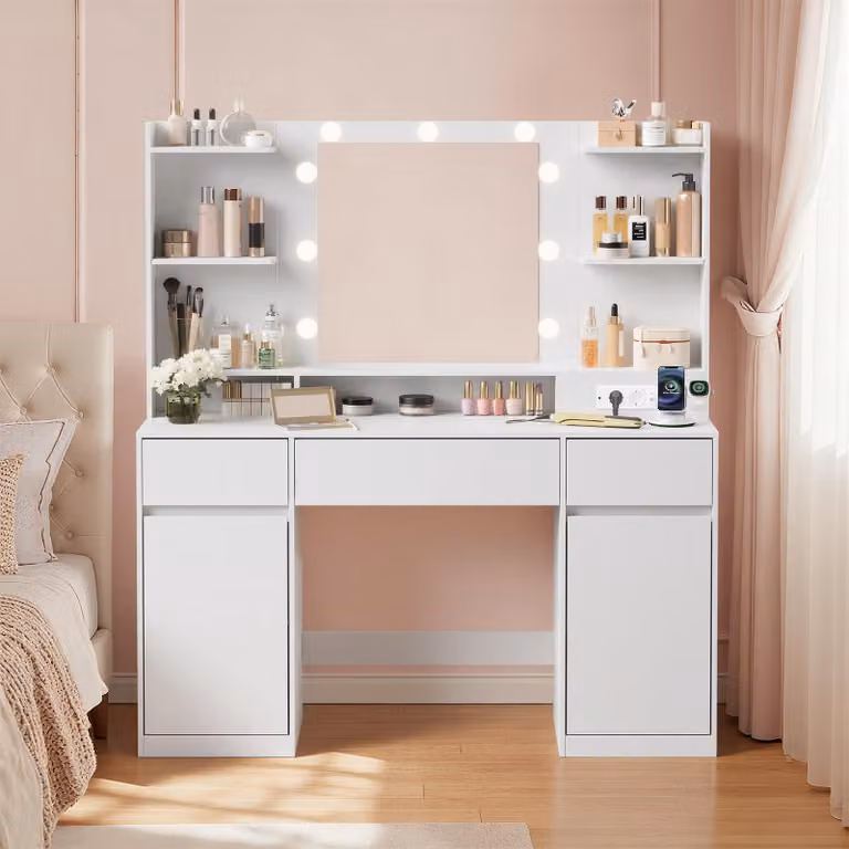 VASAGLE Tavolo da trucco con presa multipla, 2 armadietti, lampadine, 3 colori di luce, guide scorrevoli senza attrezzi