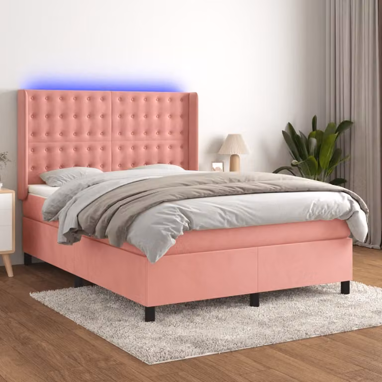 vidaXL Letto a molle con materasso e LED rosa 140x200 cm in velluto - Letto a molle - Letti a molle - Letto - Letti