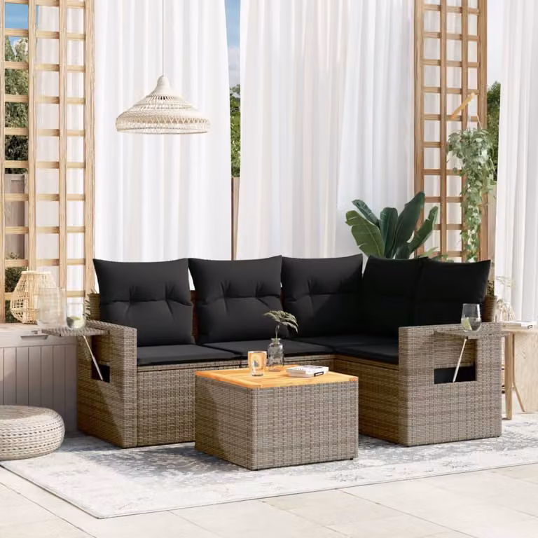 vidaXL Set Divano da Giardino 5 pz a L in Polyrattan Grigio con Cuscini e Tavolino
