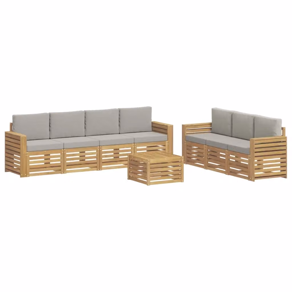 Set da giardino moderno vidaXL composto da divano a L, 3 divani a 3 posti, poltrone e tavolino da caffè in legno di acacia con cuscini in tessuto bianco e grigio – 2