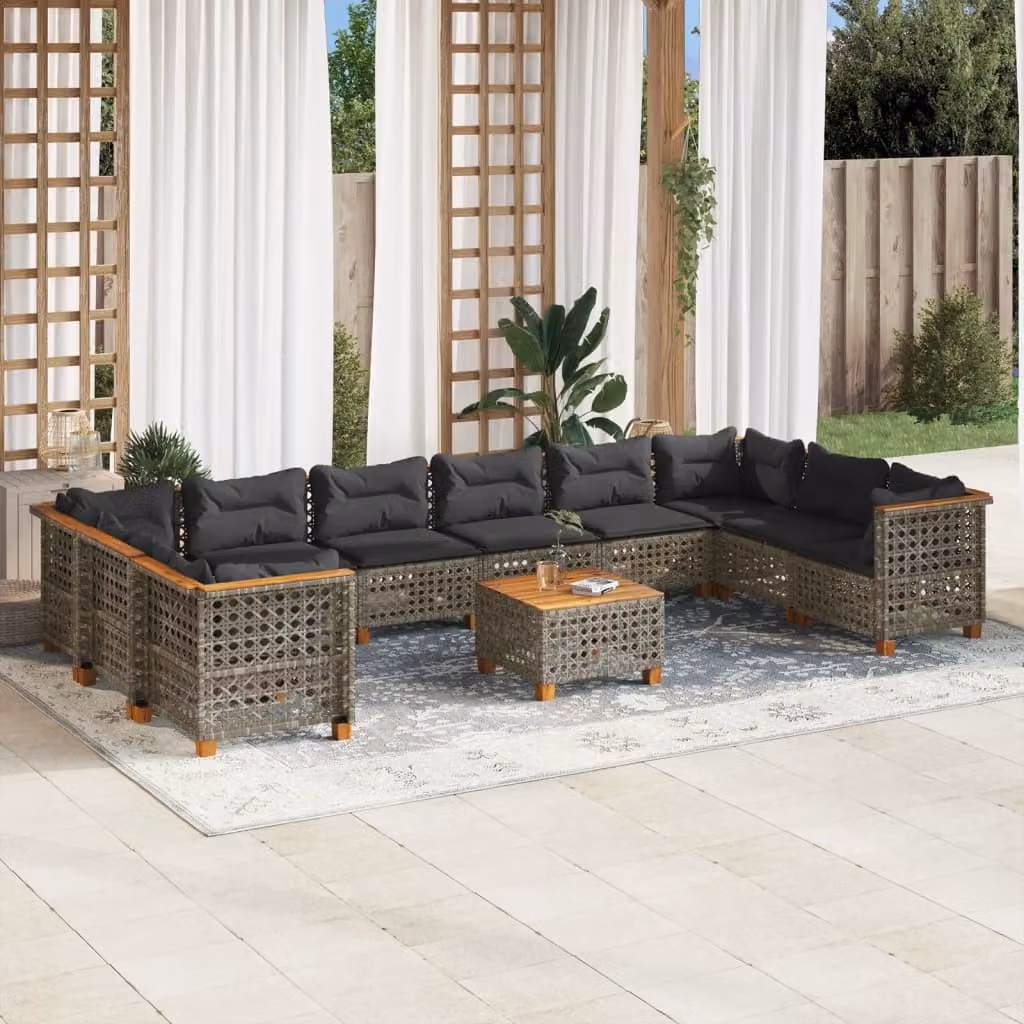 vidaXL Set Divani da Giardino a L 11 pz in Polyrattan Grigio con Cuscini e Tavolino da Esterno – 1