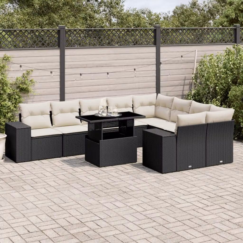 vidaXL Set Divani da Giardino a Forma di L in Polyrattan Nero con Cuscini e Tavolino da Caffè – 1