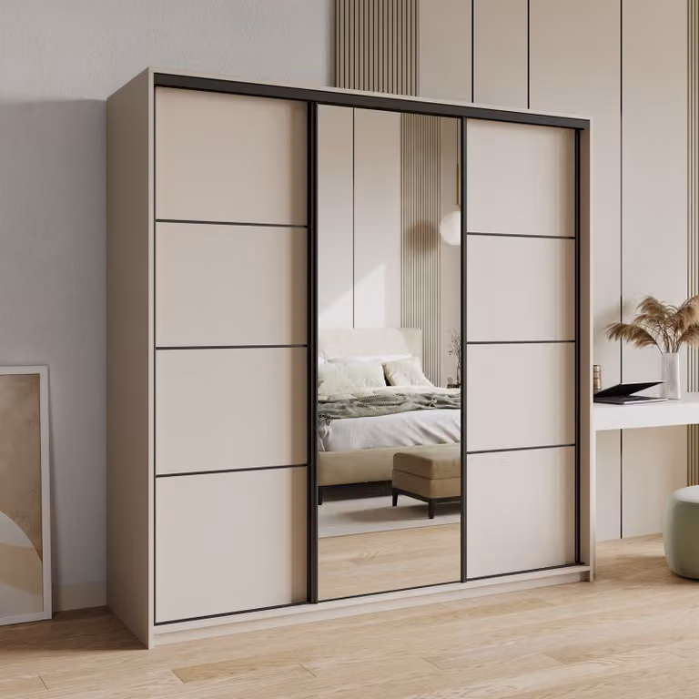 Armadio scorrevole Masseno VARO 200/205/60 cm Armadio con cassetti Armadio per camera da letto a 3 ante con specchio Cashmere + Nero