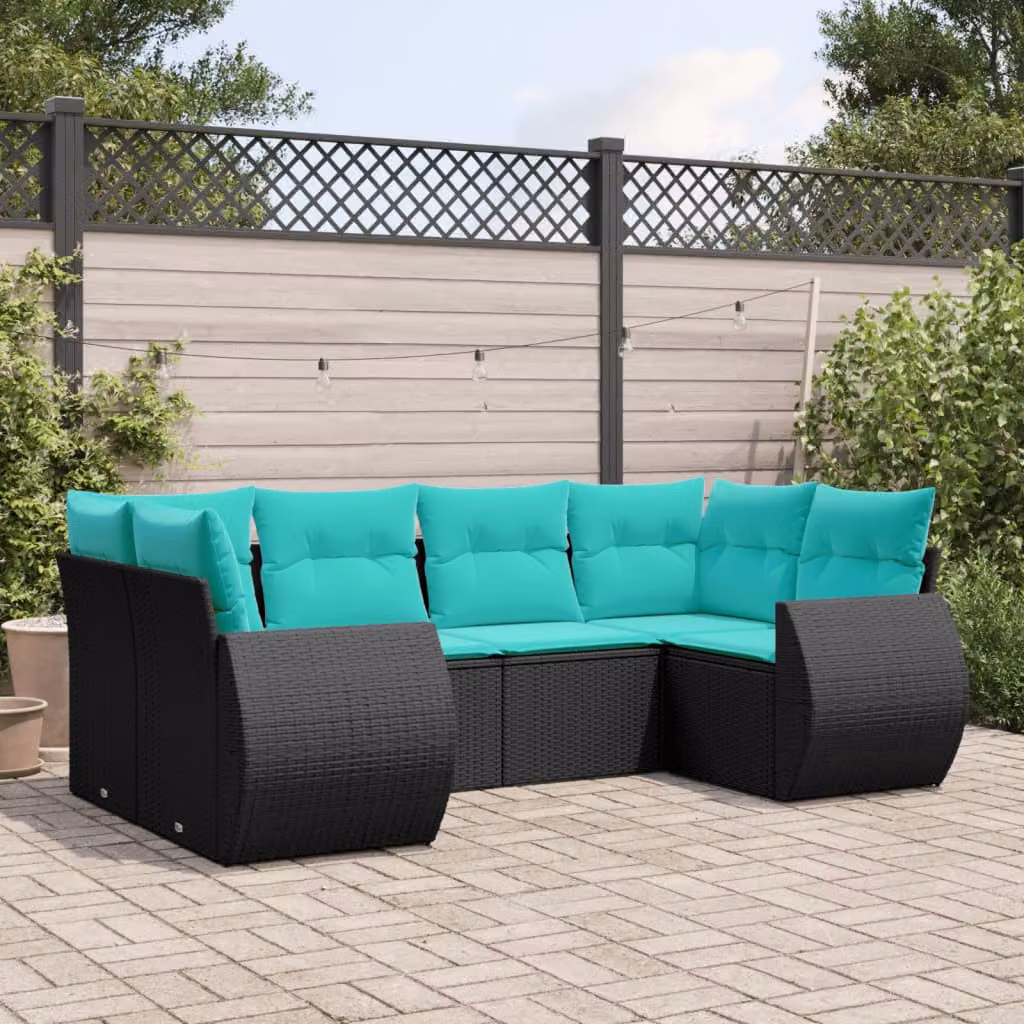 Set di divani da giardino vidaXL in polyrattan nero con cuscini e struttura in acciaio per 6 persone