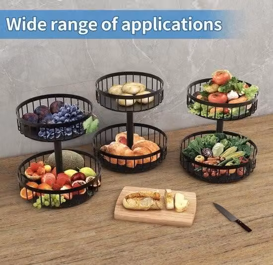 Cesto per la frutta nero, 2 livelli, carrello per la frutta, ciotola per la frutta, carrello grande per avere più spazio sul piano di lavoro, ciotola per la frutta, portaoggetti per conservare frutta e verdura fresca