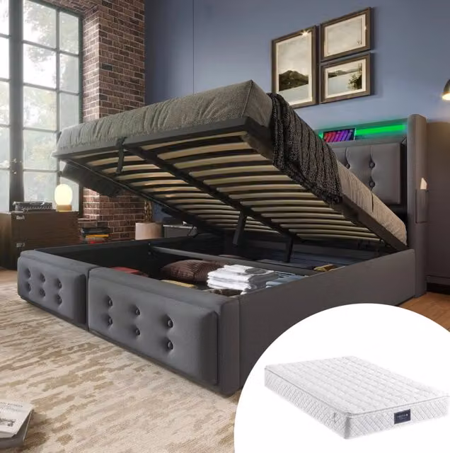 Letto matrimoniale 140x200 con LED; presa USB e Type-C; contenitore sollevabile; grigio