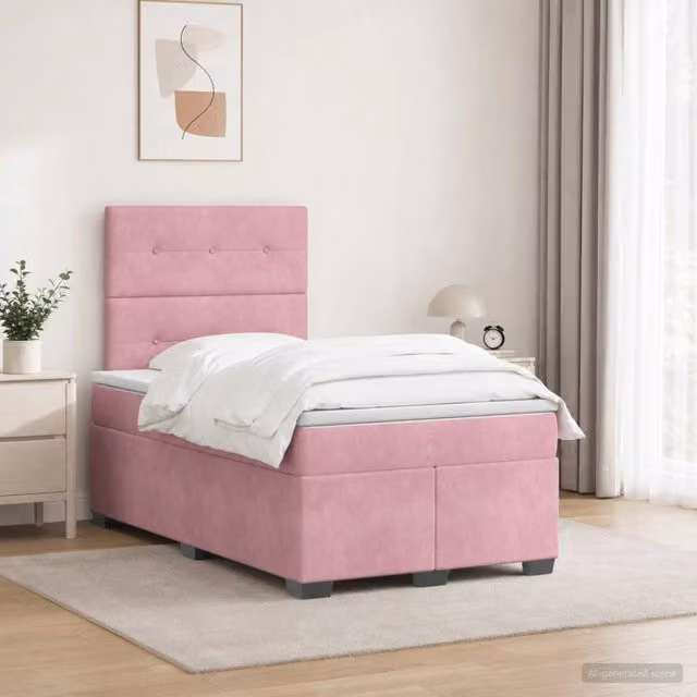 Letto box spring con materasso vidaXL in velluto rosa e bianco con base a sollevamento, illuminazione sottostante e porta USB, L/P: 120 x 200 cm