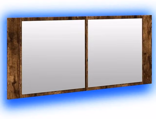 Mobiletto da bagno moderno con specchio e illuminazione a LED 100 x 12 x 45 cm in legno composito finitura rovere affumicato 02_0049285