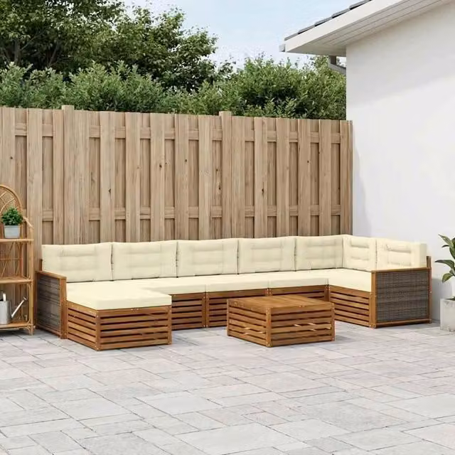 Set di divani da esterno a L vidaXL in legno di acacia con pouf e tavolino, colore beige e bianco – 1