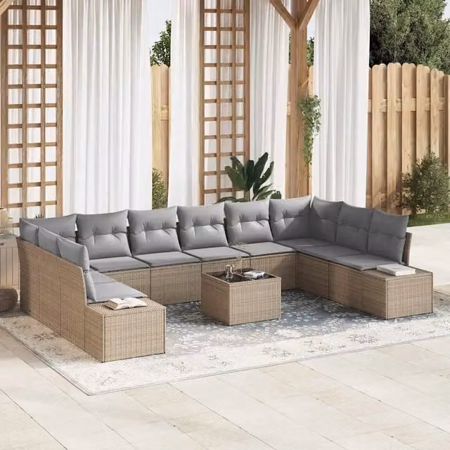 Set Divano da Giardino Moderno vidaXL in Polyrattan Beige con 11 Pezzi e Cuscini Inclusi