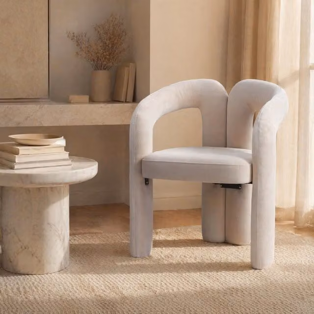 Sedia da pranzo imbottita in velluto con schienale avvolgente e braccioli; beige
