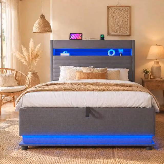 Letto singolo imbottito 90 × 200 cm con vano contenitore idraulico LED USB e Type-C in lino grigio testiera imbottita