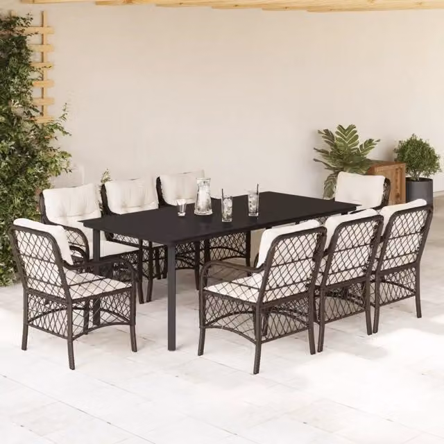 Set da Pranzo da Giardino 9 Pezzi vidaXL in Polyrattan Marrone con Piano in Vetro – 1
