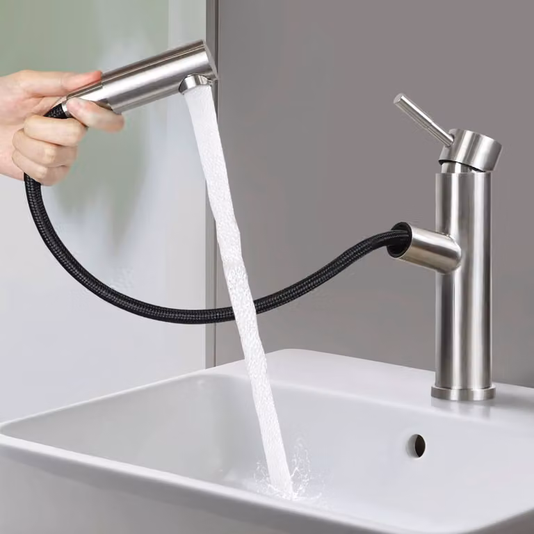 ZMH Rubinetto bagno lavabo rubinetto lavabo - Rubinetti estraibili con miscelatore doccia estraibile rubinetto acqua fredda alta pressione rubinetto bagno tirante, nichel spazzolato