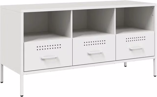 Mobile TV in stile industrial Design In, armadietto porta TV in metallo bianco, L 100,5 cm x P 39 cm x H 50,5 cm