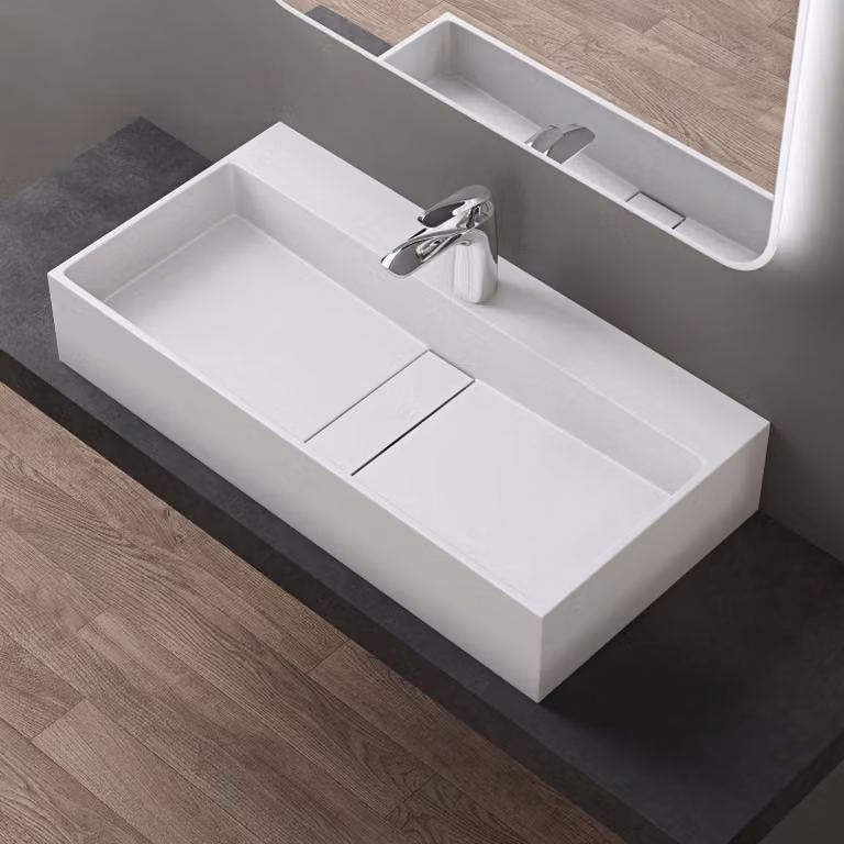 ddoporro Lavabo da Bagno Rettangolare 80 cm in Resina Minerale Bianco Opaco, Lavandino Sospeso / da Appoggio con Foro Rubinetto - Col6028