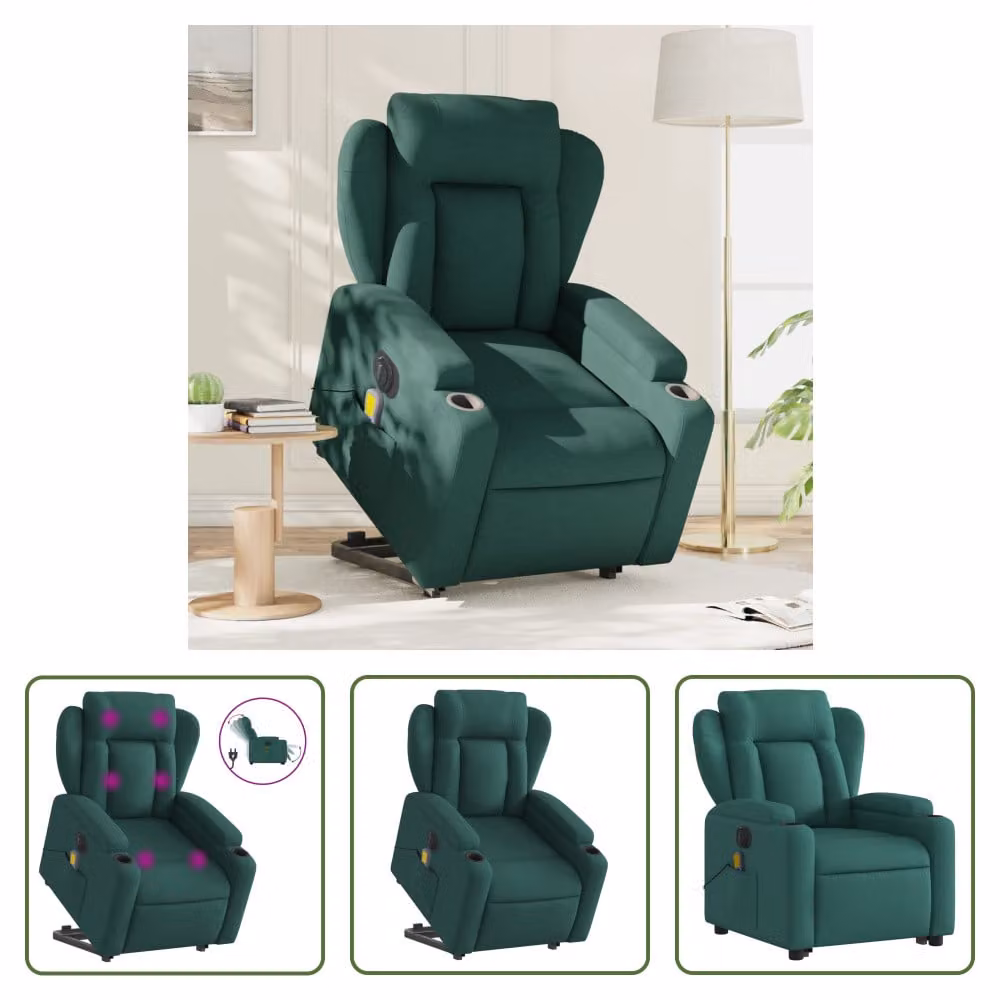 The Living Store Poltrona massaggiante elettrica con ausilio per la posizione eretta Tessuto verde scuro