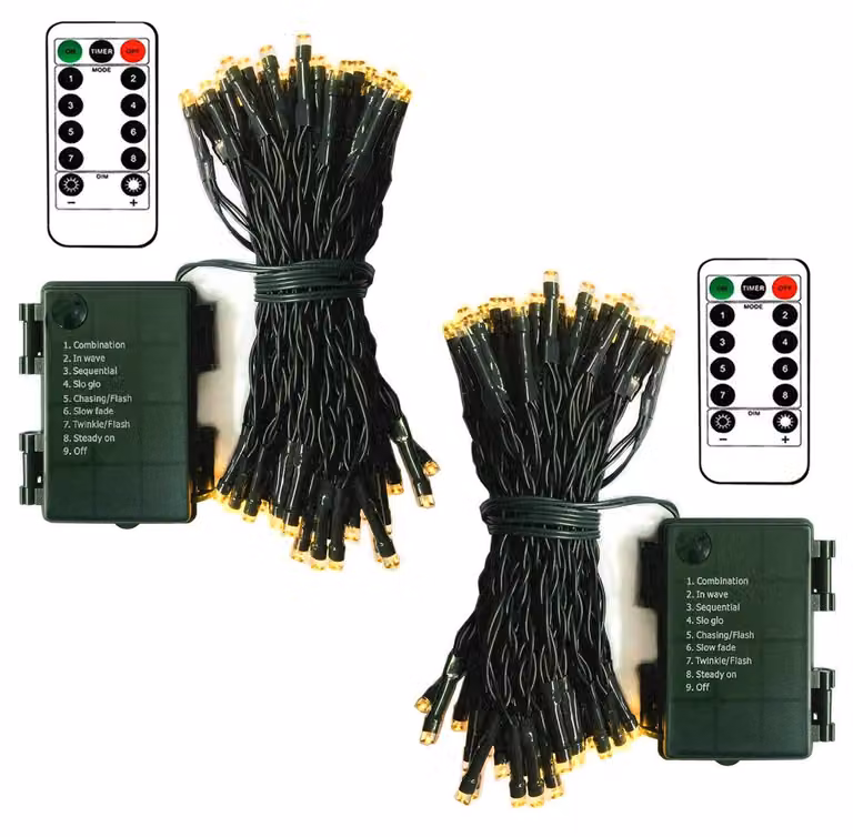 Confezione da 2 catene luminose a LED, lunghezza 5 metri, 50 LED bianco caldo, cavo verde, con funzione di dimmeraggio