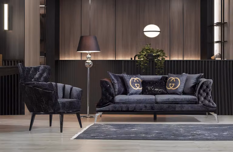 Schwarze Couch Sofa Garnitur 3+1 Sitz Chesterfield Wohnzimmer Polster Möbel