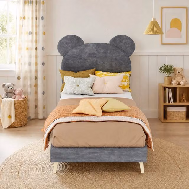 Letto contenitore Mivray Cartoon con sollevamento pneumatico e testiera imbottita in tessuto grigio L/P: 90 x 200 cm