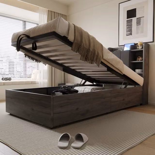 Letto singolo 90x200 cm; letto contenitore idraulico con testiera contenitore; MDF grigio