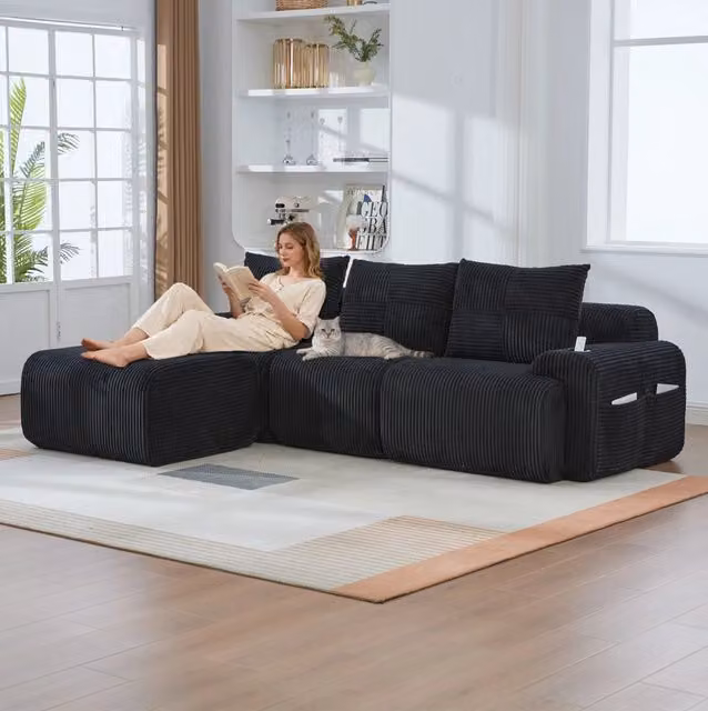 Divano modulare 3 posti 268x174x80 cm con portabicchieri e tasca laterale in corduroy nero