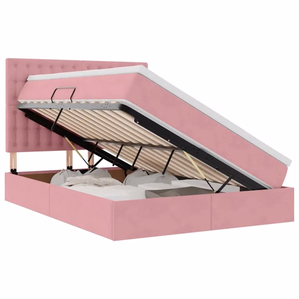 Letto con contenitore moderno vidaXL in velluto rosa con illuminazione sottostante e porta USB, L/P/H: 140 x 200 x 280 cm – 2
