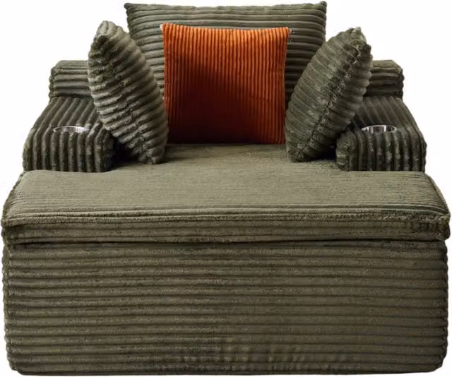 Divano letto senza telaio in velluto a coste verde con chaise longue e 3 cuscini