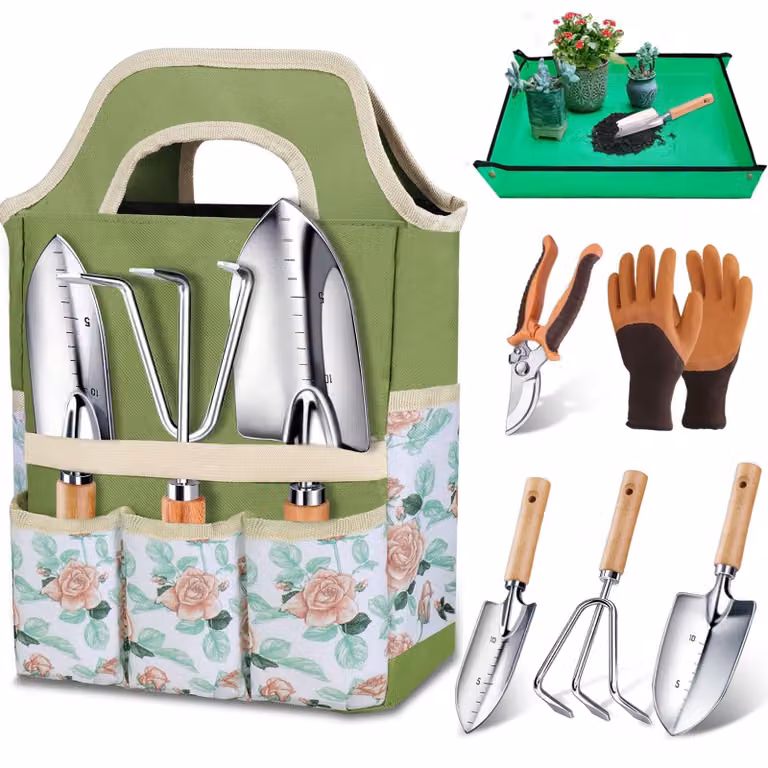 Set di attrezzi da giardino Set da giardinaggio Attrezzi da giardino in acciaio inox - 7 pezzi - Acciaio inox con borsa per la conservazione - Per aiuole e piante