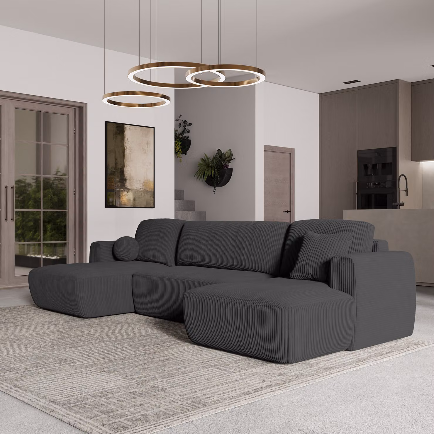 Divano angolare SENTUM P di Masseno con funzione letto a U, divano con box letto, divano da soggiorno, divano, divano letto, set di divani - grigio, POSO 34