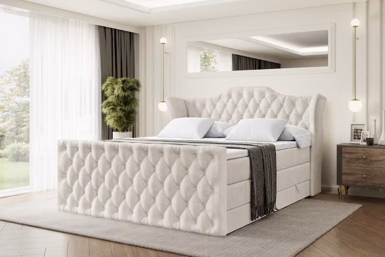 Letto boxspring ALTDECOR con pediera, 2 materassi e topper - 140x200 cm - VILA-Z KING - Velluto color taupe - Letto imbottito con materassi H3 e H4, contenitore e rete a doghe, letto con spazio contenitivo