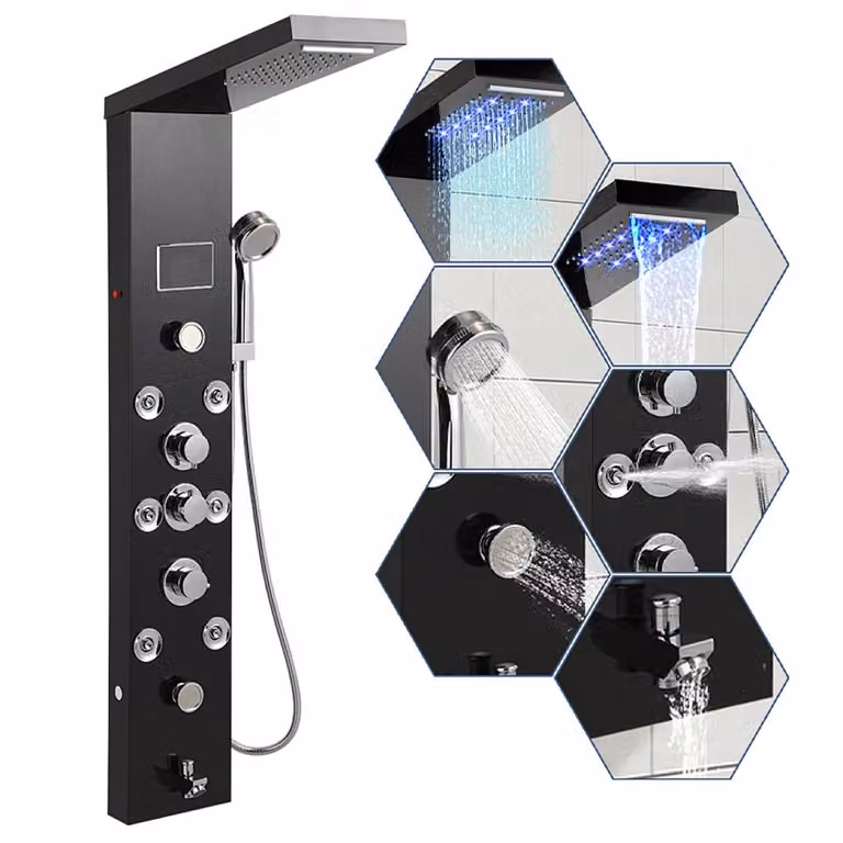 Pannello doccia Izrielar per bagno con 6 getti idromassaggio, colonna doccia multifunzionale con grandi ugelli massaggianti, doccia a pioggia e doccetta, nero