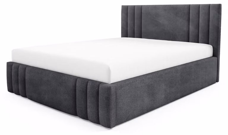 Letto imbottito con contenitore e gonna a pavimento, colore grigio antracite, dimensioni 140 x 200 cm