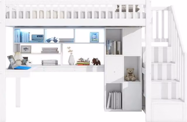 Letto a soppalco singolo bianco con scala contenitore, scrivania, scaffali e illuminazione LED, dimensioni: L 200 cm x P 90 cm x H 165 cm – 1