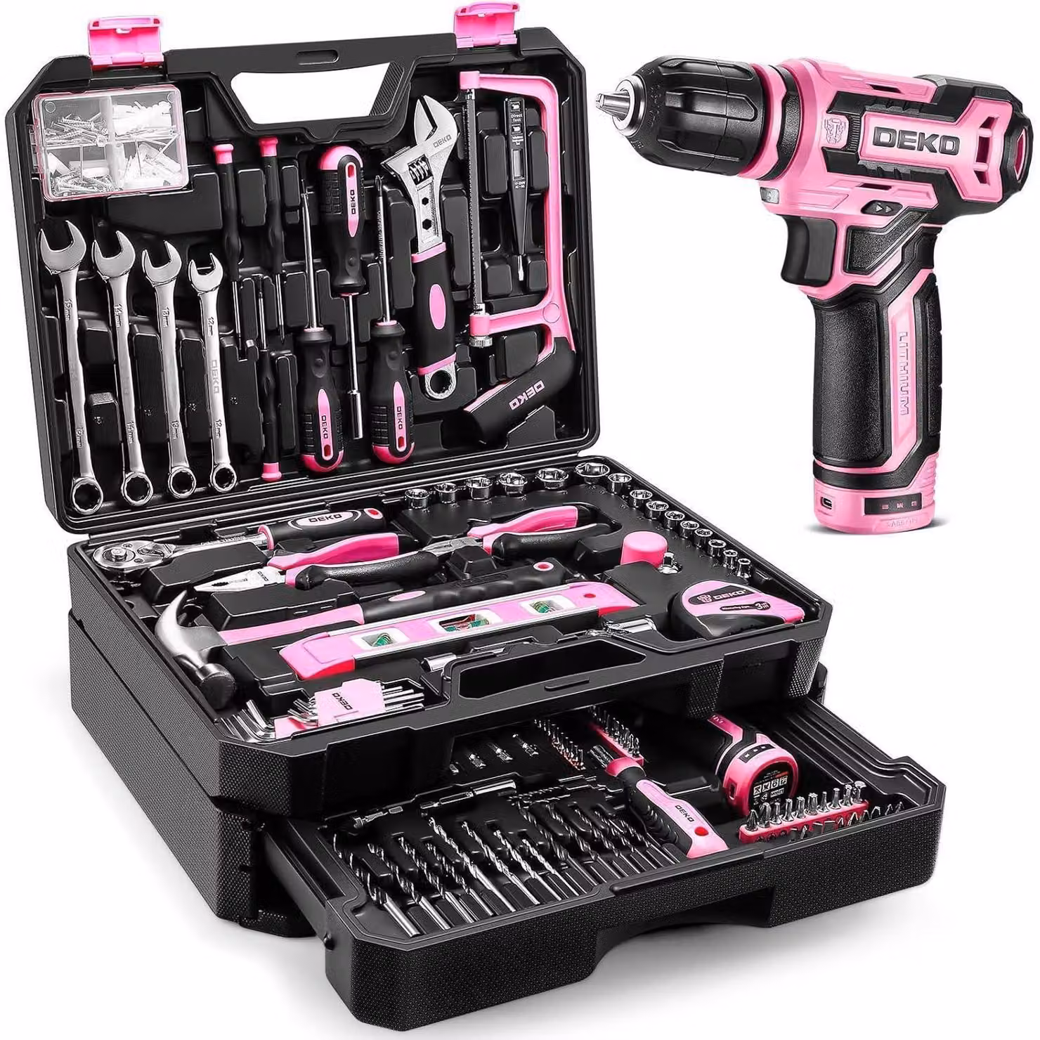 Set di utensili elettrici a batteria da 12 V, colore rosa, 238 pezzi, completo di batteria e custodia per utensili