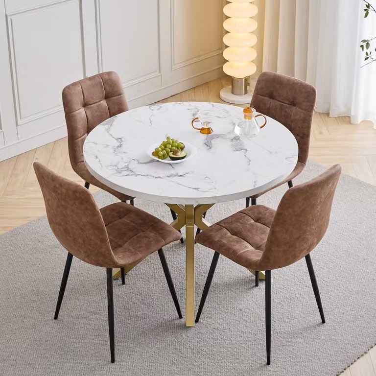 Set tavolo e sedie: 1 tavolo, 4 sedie, ecopelle, color marrone chiaro, diametro 100 cm