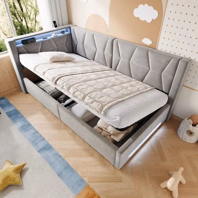 Letto contenitore singolo 90 × 200 cm con LED, USB e Type-C, apertura idraulica, senza materasso, grigio scuro