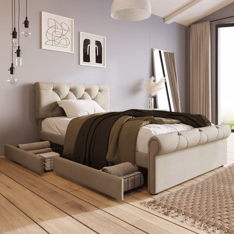 Flieks Letto imbottito 90x200 cm con rete a doghe, letto contenitore con 2 cassetti e testata regolabile, letto a doghe Letto per bambini