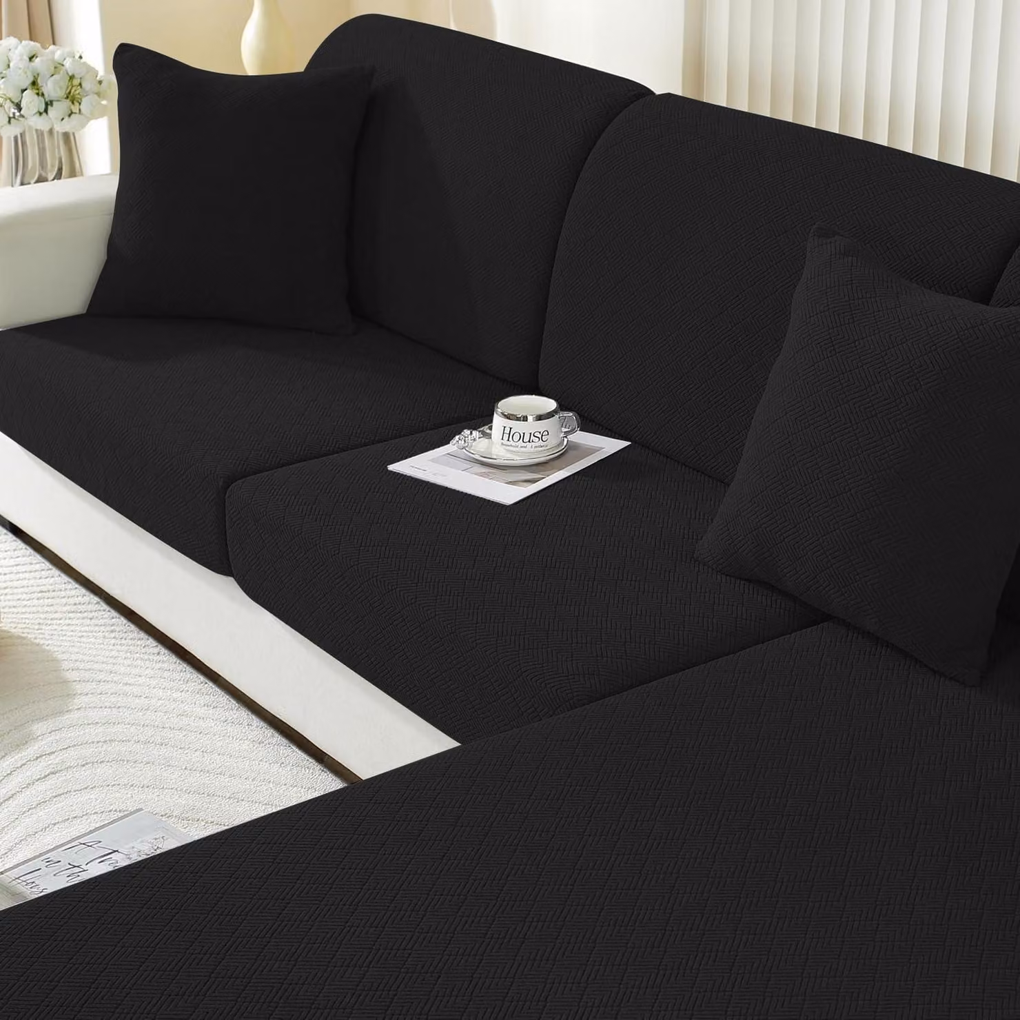 Copertura elastica per cuscini da seduta, antiscivolo, lavabile, per divano a 1 posto * 2 + chaise longue, colore nero