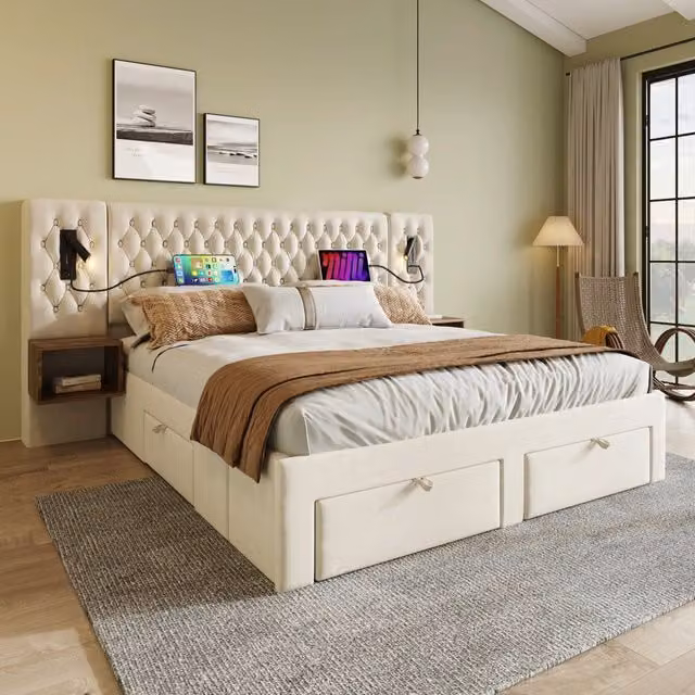 Letto 180x200 cm con 2 comodini; 4 cassetti e lampade da lettura in velluto beige