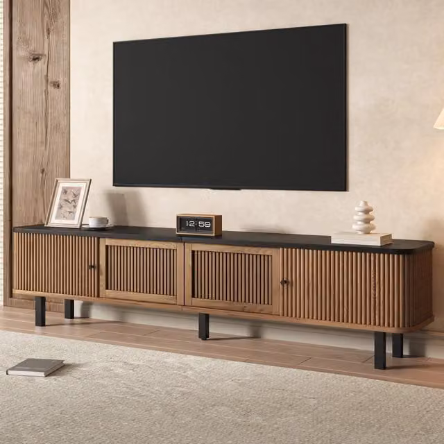 Mobile TV Mivray moderno color rovere con due ante scorrevoli e anta centrale a griglia in MDF e pannello truciolare, L: 190 cm, P: 35 cm, H: 45 cm