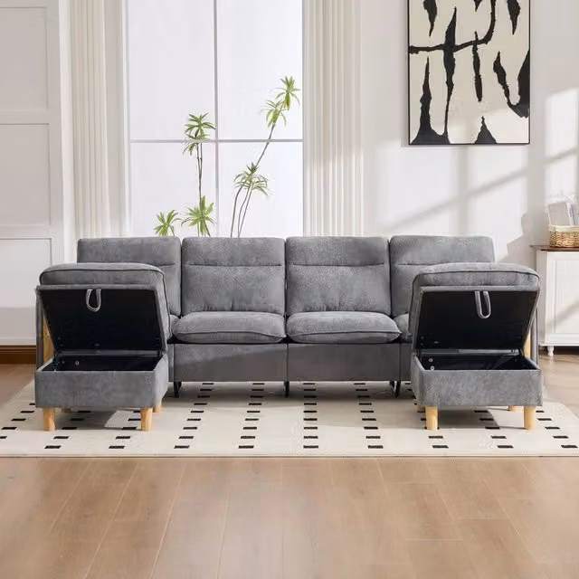 Set divano angolare a U 4 posti con poggiapiedi contenitore ¨C Minimal ¨C grigio chenille gambe legno