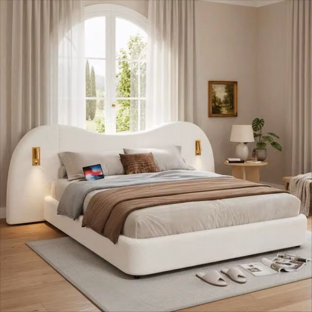 Letto 180x200 cm con contenitore idraulico; USB e lampada da lettura in bouclé bianco