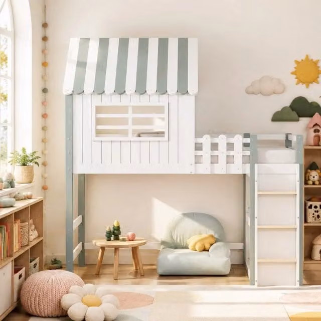 Letto a soppalco per bambini 90x200 cm verde in legno con scala di sicurezza, senza materasso