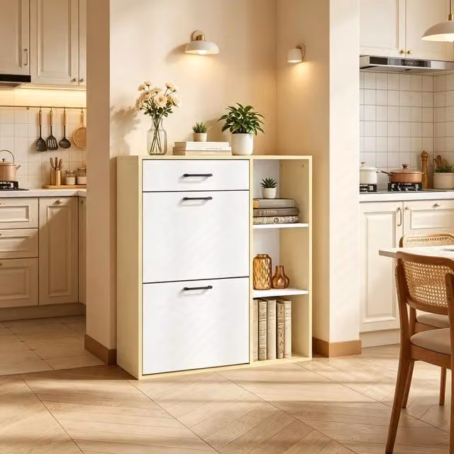 Scarpiera slim con cassetto e 2 ante a ribalta, 3 vani aperti, per ingresso e corridoio, bianco, 80 × 90 × 30 cm