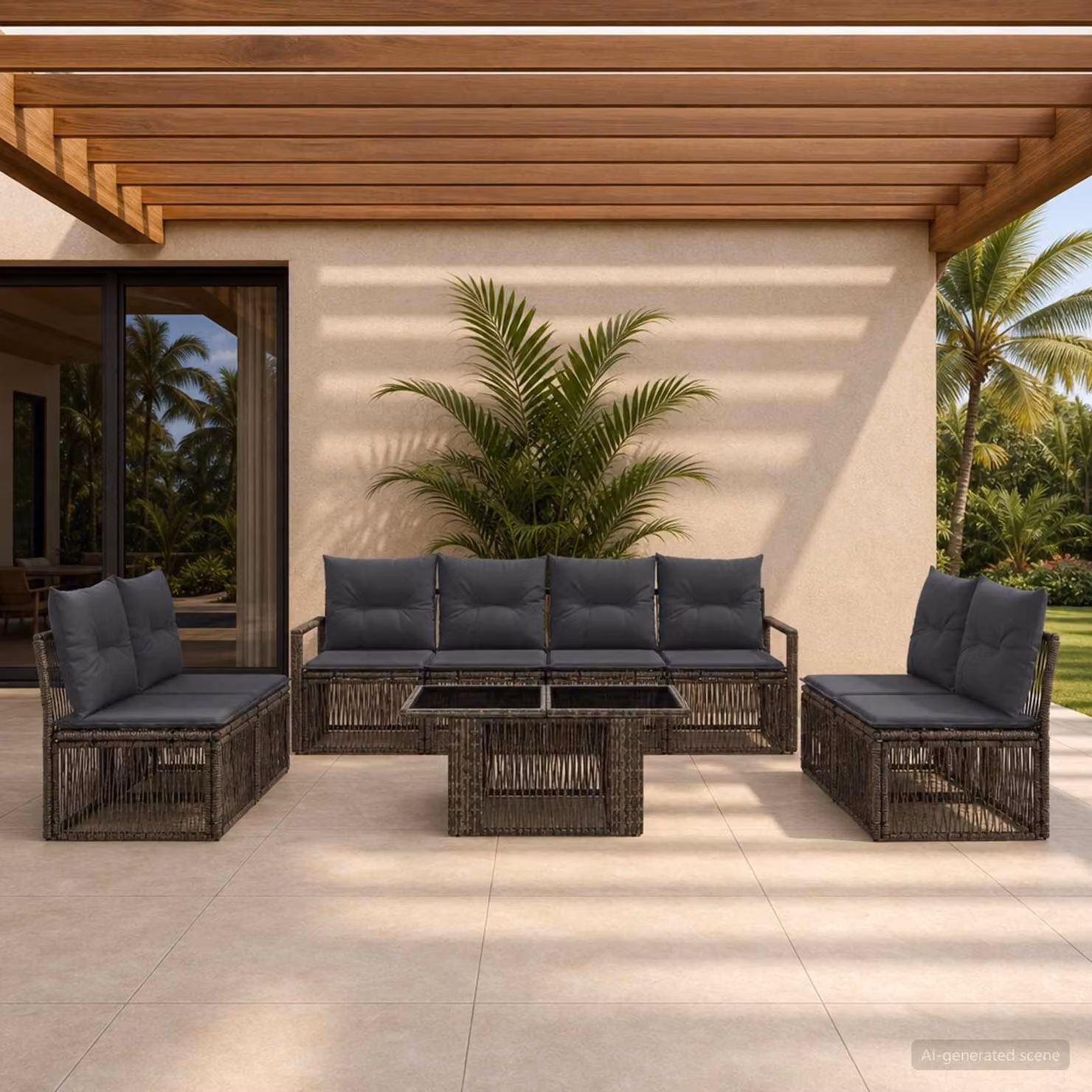 Set Divano da Giardino vidaXL 9 pz in Polyrattan Grigio e Grigio Scuro con Tavolino in Vetro e Struttura in Metallo
