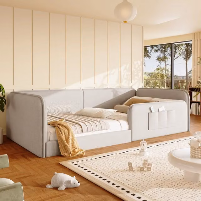 Letto imbottito per bambini 90x200 cm con parapetto perimetrale; schiuma antiurto; tasche laterali e rivestimento in lino beige